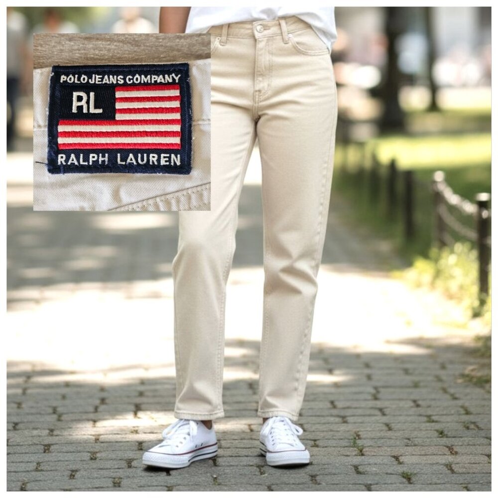 VTG 90s Polo Ralph Lauren Khaki Jeans Cream Straight Leg Flag Patch Sz 4 Cotton